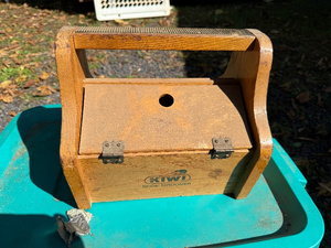lot 141 image: Vintage Kiwi Wooden Shoe Grooming Box with Brushes and Polish