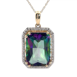 NEW! Mystic Topaz & Natural Diamond Halo Pendant Necklace in 14k Yellow Gold; $2,353 Retail *VIDEO*