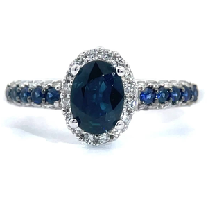 lot 11 image: Oval Blue Sapphire & Pav Natural Diamond Halo Ring in 14k White Gold VIDEO