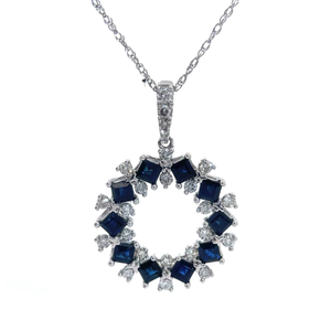 lot 12 image: 0.35 Carat Natural Diamond & Blue Sapphire Halo Wreath Pendant Necklace in 14k White Gold VIDEO