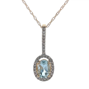 lot 19 image: Oval Aquamarine & Pav Natural Diamond Halo Drop Pendant Necklace in 14k Yellow Gold VIDEO