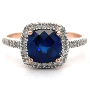 lot 22 image: NEW Cushion Checkerboard Blue Sapphire & Natural Diamond Halo Ring in 14k Rose Gold VIDEO