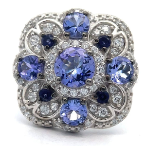 lot 25 image: NEW XL Tanzanite, Iolite & Natural Diamond Flower Bloom Ring VIDEO