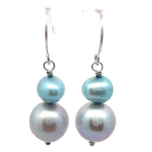 lot 35 image: NEW Freshwater Blue & White Pearl Double Drop Shepherds Hook Earrings VIDEO