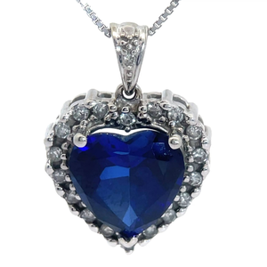 lot 37 image: Blue Sapphire & Natural Diamond Heart Halo Pendant in White Gold VIDEO