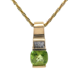 lot 39B image: Modern Checkerboard Peridot & Natural Diamond Pendant in 14k Yellow Gold VIDEO