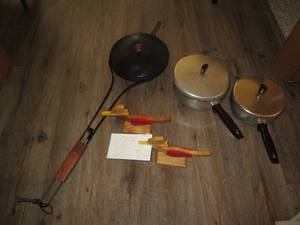 lot 35 image: Vintage Pans with Lids, wood bird r...