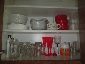 lot 51 image: Cupboard filled with Corningwares, ...
