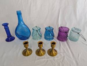 lot 54 image: Collection of Colored Glass Vessels and Brass Candle Holders