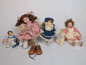 lot 55 image: Collection of Porcelain Dolls with Accessories