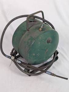 lot 69 image: Vintage Green Metal Pressure Tank with Hose