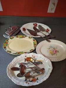lot 34 image: Misc. Serving Trays & Silverplate Utensils, Etc