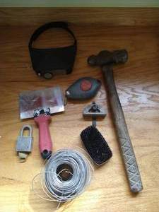 lot 99 image: Misc. Tool Lot Vntg Hammer, Chalk Line, Magnifying Headwear, Etc