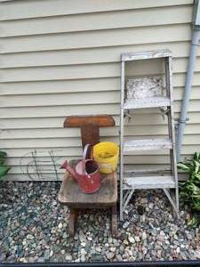 lot 176 image: Wood Outdoor Chair, Aluminum Ladder, Etc