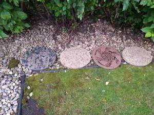 lot 178 image: (3) Granite Path Slabs & Metal Decoration