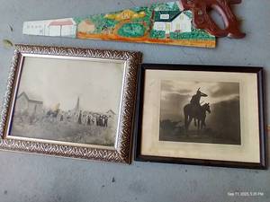 lot 246 image: (2) Vintage Pictures & Painted Saw