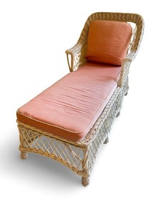 Wicker Chaise Lounge Chair with Coral Cushions