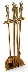 lot 12 image: Brass Fireplace Tool Set with Ornate Handles and Stand