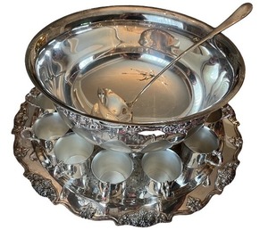 lot 17 image: Ornate Wallace Silver-Plated Punch Bowl Set with Tray, Ladle, and 12 Cups