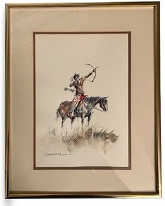 lot 21 image: Framed Native American Warrior Watercolor Print by Paul Kuo