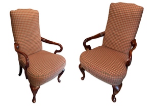 lot 38 image: Pair of Plaid Upholstered High Back Armchairs with Wood Frame