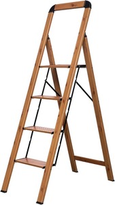 lot 111 image: Step Ladder 4-Step Woodgrain Finish Aluminum Folding Step Stool Wide Pedal,Anti-Slip Portable Sturdy for Home & Kitchen Office 330 lbs