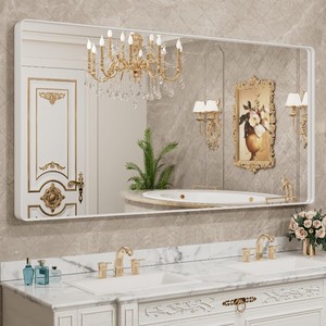 lot 117 image: LOAAO 72x32 Inch White Metal Framed Bathroom Mirror for Wall, White Bathroom Vanity Mirror Farmhouse, Large Rounded Rectangle Mirror, Anti-Rust, Tempered Glass, Hangs Horizontally or Vertically