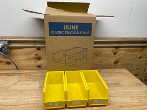 lot 183 image: ULINE - Lot of 12 - Yellow Plastic Stackable Bins 11 x 5 12 x 5