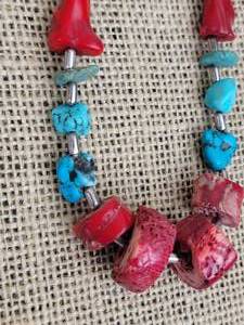 lot 123 image: Chunky Red Coral and Turquoise Necklace