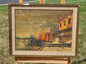 lot 236 image: Mid-Century Oil by Regis De Bouvier de Cachard Venice Gondolas