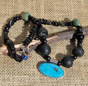 lot 103 image: Sterling Silver Turquoise Pendant Necklace  Black Bead and Garnet