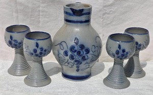 lot 225 image: Vintage German Saltglazed Ceramic Carafe & Stemmed Glasses - Topferei J. Hansen - (5)
