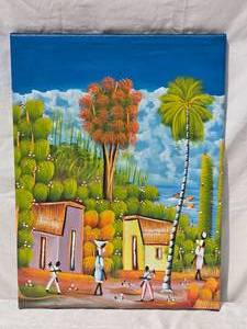 lot 289 image: Vibrant  Original Fine Art Haitian Landscape Painting - Village  Scene