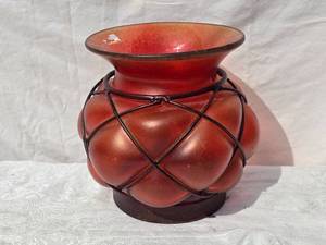 lot 297 image: Mid-Century Modern Studio Art Glass Vase with Metal Wire Accent