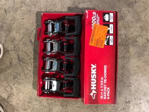 lot 41 image: Husky 16 ft. 1.25 in. Ratchet Tie-Down Straps with S-Hook (4-Pack)   Customer Returns See Pictures