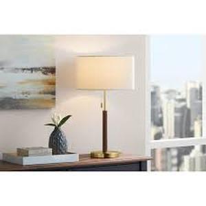 lot 5 image: Hampton Bay Truman 24.5 in. Walnut and Brass Table Lamp   Customer Returns See Pictures