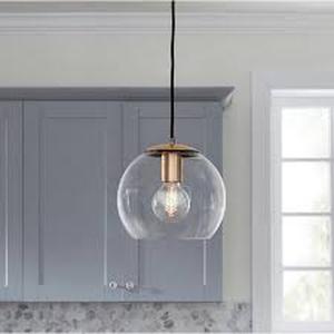 lot 9 image: Home Decorators Collection 1-Light Antique Brass and Glass Mini-Pendant Customer Returns See Pictures