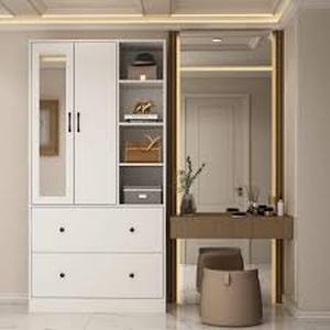 lot 38 image: FUFU&GAGA White Wood Armoires Wardrobe WMirror, Pulling Hanging Rod, Drawers and Shelves( 15.8 in. D x 35.5 in. W x 70.8 in. H) Customer Returns See Pictures
