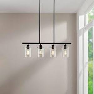 lot 12 image: Hampton Bay Regan 4-Light Espresso Industrial Linear Chandelier with Glass Shades, Industrial Linear Kitchen Pendant Light  Customer Returns See Pictures
