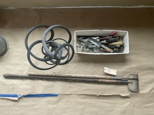 lot 90 image: Lawn & garden items, tools, wind ornament