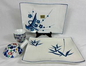 lot 69 image: Koransha Porcelain Tea Set with 5 Cups and Teapot plus Japanese Two Large Serving Sushi Tray