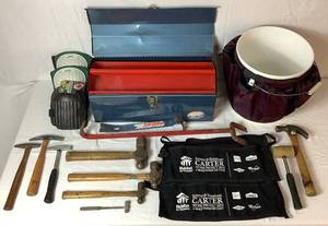 lot 49 image: Hammer and Pry Bar Collection with 21 Tool Box and Tool Bucket