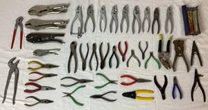 lot 48 image: Collection of Pliers, Cutters, Vise Grips, Needle Nose, Curved Saw, Slip Joint, Wire Strippers, Squueze Pliers, Snap Ring