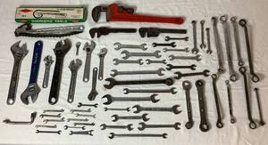 lot 46 image: Wrench Collection includes Various 12 Chain Wrench, Box End, Open End, Pipe and Adjustable Wrenches