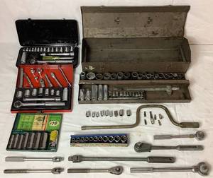lot 47 image: Rachet, Socket, 12 Speed Handle Collection with Vintage Metal Toolbox