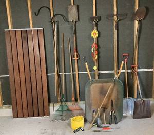 lot 117 image: Garden Lot - Wheelbarrow, Garden Tools, Outdoor Table