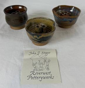 lot 76 image: Studio Pottery Flower FrogIkebana Flower Vase - 3 pieces