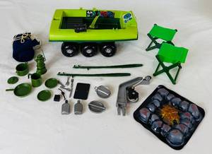 lot 10 image: Vintage LJN Mister Action Jungle Mobile ATV and Mattell 1971 Camping Outfitter Set