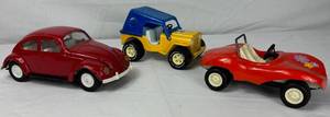 lot 13 image: Vintage Tonka Dune Buggy, Honey Bucket Jeep and Steel Red Volkswagon VW Beetle Bug