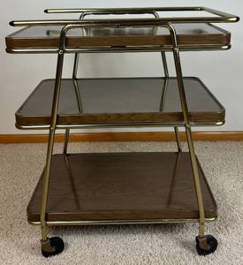 lot 19 image: 1960s MCM Cosco 3 Tier Metal Rolling Bar Serving Cart